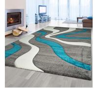 Tapis de salon - TEPPICH-TRAUM - Motif de vagues - Facile d'entretien - 80 x 300 cm - Turquoise, gris, blanc