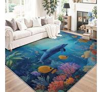 Tapis de Salon Tropical Aquarelle 50 x 80 cm, Bleu Dauphins Récifs Coralliens Imprimé Tapis, Lavable en Machine, Antidérapant à Poils Courts pour Chambre et Séjour, Design Moderne