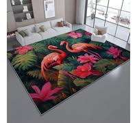 Tapis de Salon Vert Foncé, Tapis de Sol imprimé Peinture à l'huile Fleurs Jungle Flamant Rose, décoration antidérapante pour Salon Chambre Cuisine Balcon terrasse et Salle à Manger 60 x 90 cm