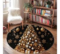 Tapis de sapin de Noël, ornements festifs élégants flocons de neige de Noël avec envers antidérapant doré, tapis de porte rond à bordure pour salle de bain, entrée, chevet, buanderie, 1,2 x 1,2 m