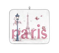Tapis de séchage à vaisselle absorbant et lavable pour plan de travail Motif lettres Paris Rose 46 x 41 cm