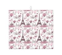 Tapis de séchage à vaisselle en microfibre imprimé scène de rue de Paris rose pour comptoir de cuisine, lavable en machine, tapis de séchage super absorbant 40,6 x 45,7 cm