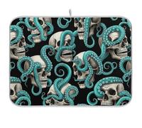 Tapis de séchage à vaisselle, motif squelette, pieuvre, noir, bleu sarcelle, tapis de bar en microfibre réversible, taille M, 40,6 x 45,7 cm