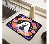 Tapis de séchage absorbant en terre de diatomée Motif chat et fleurs | Tapis de séchage à vaisselle Jumbo résistant à la chaleur Accessoires de comptoir