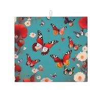 Tapis de séchage absorbant motif poule et papillons volants parmi fleurs, résistant à la chaleur, réutilisable, séchage rapide