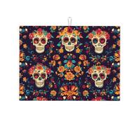 Tapis de séchage absorbant pour comptoir de cuisine, motif tête de mort mexicaine, fleur, tapis de café, égouttoir protecteur avec boucle de suspension, 45,7 x 61 cm