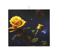 Tapis de séchage pour cuisine Motif roses jaunes Nuit étoilée Absorbant l'eau, séchage rapide, antidérapant, adapté à la vaisselle, facile à ranger et à nettoyer.