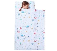 Tapis de Sieste pour Tout-Petit 49 x 20 cm, Sac de Couchage Anti-Coup Pied pour Tout-Petit avec Oreiller Amovible et Couverture sur Le thème l'océan, Tapis Sieste Enroulable avec poignée pou