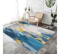 Tapis de sol 140 x 200 cm - Imprimé qui ne perd pas ses poils - Lavable en machine - Antidérapant - Motif géométrique abstrait - Pour chambre à coucher et salle à manger - Bleu et noir