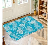 Tapis de sol à fleurs, feuilles botaniques tropicales, fougère, été, turquoise, antidérapant, bordure pour salle de bain, entrée, chevet, buanderie, décoration de salle de bain, 0,6 x 0,9 m