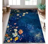 Tapis de sol à fleurs, herbe de feu d'artifice fantaisiste festif d'été bleu avec envers antidérapant, tapis rectangulaire qui ne perd pas ses poils pour salle de bain, chevet, entrée, décoration de