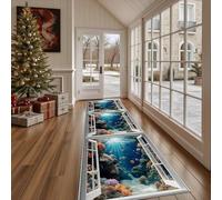 Tapis de Sol Absorbant Illusion d'optique Océan Tapis de Cuisine Antidérapant et Lavable Monde sous Marin Corail Tapis de Couloir Long Vie Marine Poisson Devant Evier, Entrée et Chambre 80x180 cm