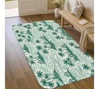Tapis de sol avec palmiers, maisons tropicales côtières, vagues côtières, vert d'été, tapis d'intérieur à poils courts en éponge qui ne perd pas ses poils pour salle de bain, entrée, chevet, buanderie