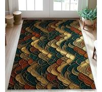 Tapis de sol courbes, artistique moderne, feuilles, vagues, automne, bleu sarcelle, envers antidérapant, tapis rectangulaire qui ne perd pas ses poils pour entrée, salle de bain, cuisine, porte
