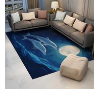 Tapis de Sol de rêve Bleu Lion au Clair de Lune Dauphin Tapis Océan Mince Lavable Antidérapant pour Chambre De Bébé Chambre Décor Intérieur Faible Velours 180x240cm
