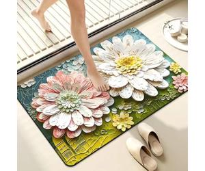 Tapis de sol de salle de bain, élégant 3D floral en caoutchouc absorbant antidérapant, style peinture à l'huile, tapis d'entrée Diatomée Mud(C)