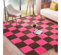 Tapis De Sol Emboîtable Avec Bordures, Tapis De Jeu Puzzle En Mousse Pelucheuse, 0,6 Et 1 Cm D'Épaisseur, Carreaux En Mousse, Tapis Doux, 48 Pièces De 4,32 Mètres Carrés (Rose Rouge + Café 0,39 Pouce