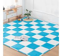 Tapis de Sol emboîtables, Dalles de Moquette emboîtables en Peluche, 10 pièces, 30 x cm, Dalles Mousse avec Bordure, Tapis Sol carrés(White+Blue)