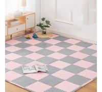 Tapis de Sol emboîtables, Dalles de Moquette emboîtables en Peluche, 10 pièces, 30 x cm, Dalles Mousse avec Bordure, Tapis Sol carrés(Pink+Gray)