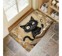Tapis de Sol en Chat Noir Surpris Lavable à l'intérieur, 90 x 150 cm Paillasson à Poils Courts Peinture Aquarelle Rétro Tapis de Porte Antidérapant Résistant pour D'entrée Cuisine Couloir, Brun