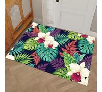 Tapis de Sol en Fougères Et Orchidées Lavable à l'intérieur, 60 x 90 cm Paillasson à Poils Courts Fleurs Tropicales Tapis de Porte Antidérapant Résistant pour D'entrée Cuisine Couloir, Bleu-Vert