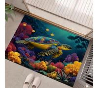 Tapis de Sol en Récif Corallien Tortue Lavable à l'intérieur, 80 x 120 cm Paillasson à Poils Courts Écologie Marine Tapis de Porte Antidérapant Résistant pour D'entrée Cuisine Couloir, Bleu-Vert