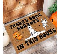 Tapis de sol en velours avec inscription « Halloween Lights There's Some Horr Ors In This House » - Décoration d'Halloween - Décoration de porte - Araignée - Orange - 40 x 30 x 1 cm