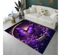 Tapis de sol Fantaisie Papillon Violet, Lavage Antidérapant Tapis de Jeu pour Chambre de Fille, Papillon Fleurs de Lune 3D Carpet Pour Salon, Salle de Jeux, Auberge de Jeunesse, 80x160 cm, Color 1
