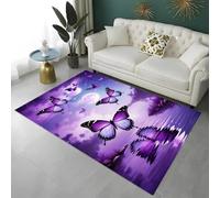 Tapis de sol Fantaisie Papillon Violet, Lavage Antidérapant Tapis de Jeu pour Chambre de Fille, Papillon Fleurs de Lune 3D Carpet Pour Salon, Salle de Jeux, Auberge de Jeunesse, 100x150 cm, Color 2