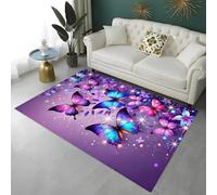 Tapis de sol Fantaisie Papillon Violet, Lavage Antidérapant Tapis de Jeu pour Chambre de Fille, Papillon Fleurs de Lune 3D Carpet Pour Salon, Salle de Jeux, Auberge de Jeunesse, 100x200 cm, Color 6