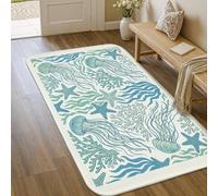 Tapis de sol méduse - Étoile de mer nautique côtière, corail, turquoise, à poils courts - Tapis rectangulaire à poils courts - Tapis décoratif pour salle de bain, buanderie, cuisine, entrée - 0,9 x