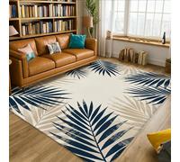 Tapis de sol motif feuilles de palmier, fond beige tropical, accents bleu marine, antidérapant, pour salon, chambre à coucher, cuisine, couloir, décoration 1,5 x 2,1 m