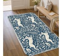 Tapis de sol motif lapin, nature, oiseau botanique, feuille, printemps, bleu marine, antidérapant, tapis d'intérieur qui ne perd pas ses poils, entrée, salle de bain, buanderie, 0,9 x 1,5 m