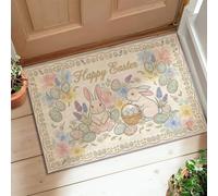 Tapis de sol motif lapin, printemps fantaisie, œufs de Pâques, fleurs de Pâques, bleu pastel, tapis d'intérieur à poils courts qui ne perd pas ses poils, tapis de salle de bain, entrée, chevet