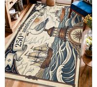 Tapis de sol motif phare, nautique vintage navire côtier et mouette - Bleu marine - Dos antidérapant - Tapis imprimé rectangulaire pour salon, chambre à coucher, couloir, bureau, 1,2 x 1,8 m
