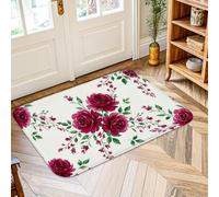 Tapis de sol motif roses, fleurs romantiques, feuilles et bourgeons rouges, tapis de porte rectangulaire à poils courts en éponge qui ne perd pas ses poils, salle de bain, entrée, chevet, décoration