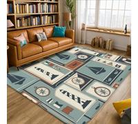 Tapis de sol nautique vintage avec voilier et boussole d'été bleu sarcelle à poils courts en éponge esthétique rectangulaire pour salon, chambre à coucher, université, dortoir, cuisine, 1,5 x 2,1 m