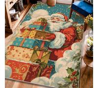 Tapis de sol rectangulaire imprimé Père Noël, flocons de neige, cadeaux de Noël - Rouge - Dos antidérapant - Pour salon, chambre à coucher, couloir, bureau - 1,2 x 1,8 m