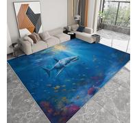 Tapis de Sol Salon 140 x 200 cm, Grand Doux Anti-Dérapant Basse Hauteur Lavable, Faux Laine Rectangulaire Bleu Monde Sous Marin Requins Lumière Du Soleil pour Maison Chambre Lit Salle à Manger Bureau