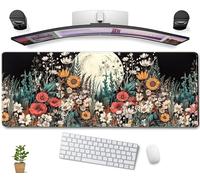 Tapis de souris à motif floral aquarelle mignon, tapis de bureau à motif pleine lune et pâquerettes, XL, grand tapis de souris étendu pour jeux vidéo mesurant 80 x 30 cm, tapis de souris artistique,