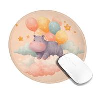 Tapis de souris adorable hippopotame avec ballons, couleurs pastel douces, motif animal mignon, bords cousus, tapis de souris en caoutchouc antidérapant et lavable pour la maison et le bureau, rond