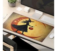 Tapis de souris amusant Silhouette d'une sorcière avec une lanterne citrouille contre une pleine lune Tapis de souris Tapis de souris drôle Fournitures de bureau