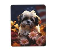 Tapis de souris avec bords cousus confortables - Imperméable et antidérapant - Motif chien Shih Tzu et fleurs - Tapis de souris carré lavable pour bureau, maison, ordinateur portable - 21,1 x 26,2 cm
