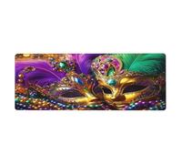Tapis de souris avec motifs de masques de Mardi Gras avec plumes et perles multicolores avec base en caoutchouc antidérapant étendue avec bords cousus Grand tapis de souris pour ordinateur de bureau
