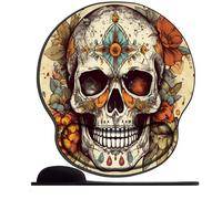 Tapis de souris avec support de poignet confortable en gel de silicone - Motif tête de mort et fleurs - Tapis de souris de jeu avec coussin de poignet antidérapant et ergonomique pour le travail sur