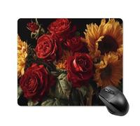 Tapis de souris bouquet de roses rouges et de tournesols, petit tapis de souris d'ordinateur de bureau pour ordinateur portable avec base en caoutchouc antidérapant, tapis de souris de jeu