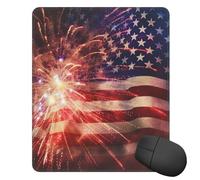 Tapis de souris carré avec base en caoutchouc antidérapant, motif feu d'artifice drapeau américain avec bords cousus 25,4 x 30,5 cm, pour souris sans fil, ordinateur, ordinateur portable, maison