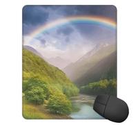 Tapis de souris carré avec base en caoutchouc antidérapant, Mountain Valley avec arc-en-ciel et bords cousus pour souris sans fil, ordinateur portable, maison, bureau 25,4 x 30,5 cm