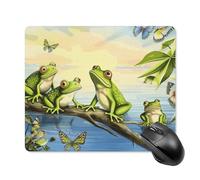 Tapis de souris carré de nombreuses grenouilles chantant sur les branches, l'été, les papillons, le lac, l'eau, tapis de souris carré, tapis de souris d'ordinateur portable avec base en caoutchouc