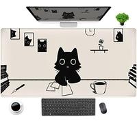 Tapis de souris DCJJM esthétique beige et blanc, motif chat de dessin animé, XXL, grand, 40 x 80 cm, rectangulaire, en caoutchouc, pour PC, ordinateur